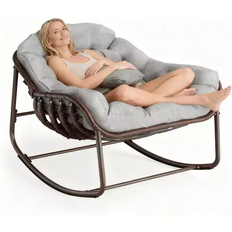 Fauteuil à bascule Papasan surdimensionné avec cadre en métal et coussin en rotin tressé pour patio, jardin, balcon – Gris