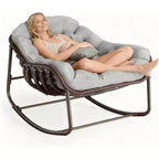 Fauteuil à bascule Papasan surdimensionné avec cadre en métal et coussin en rotin tressé pour patio, jardin, balcon – Gris