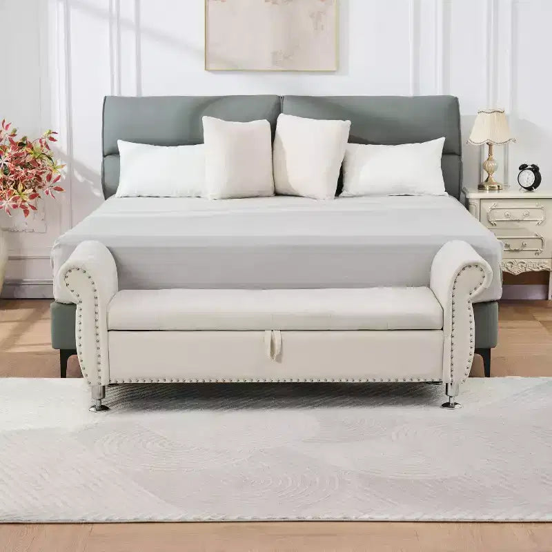 Banc de rangement moderne en velours TUYOHW avec bouton en cristal et 1 coussin, banc de bout de lit rembourré avec pieds en métal, pour salon, chambre à coucher