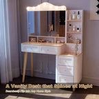 Coiffeuse de Maquillage Okak avec 2 Multiprises USB, Table de Maquillage avec Miroir Triple Pliant, Grande Table Coiffeuse de Rangement pour la Maison, Blanc