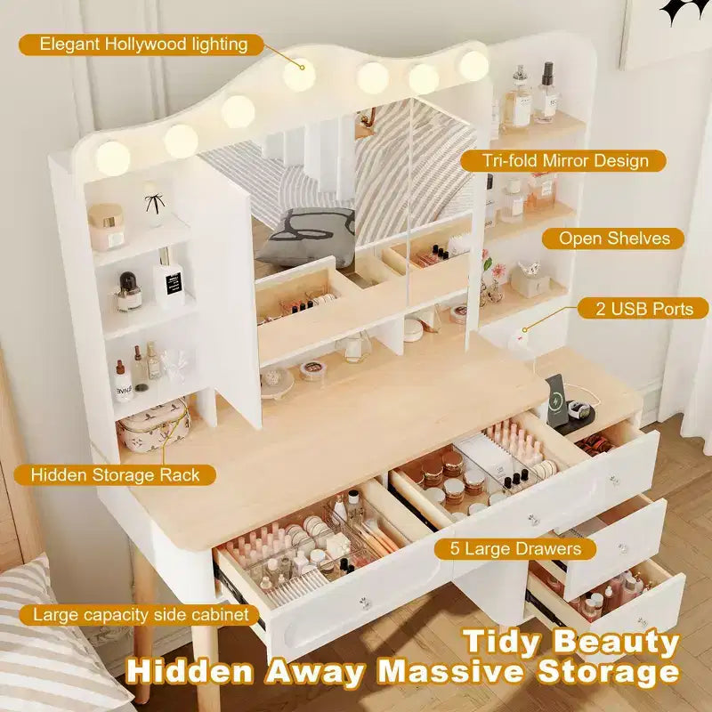 Coiffeuse de Maquillage Okak avec 2 Multiprises USB, Table de Maquillage avec Miroir Triple Pliant, Grande Table Coiffeuse de Rangement pour la Maison, Blanc