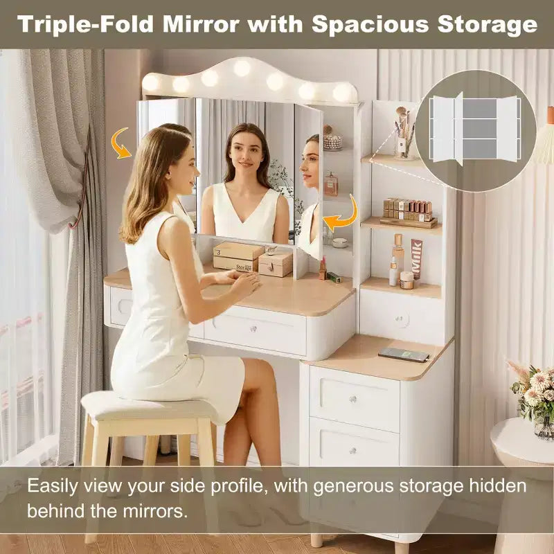 Coiffeuse de Maquillage Okak avec 2 Multiprises USB, Table de Maquillage avec Miroir Triple Pliant, Grande Table Coiffeuse de Rangement pour la Maison, Blanc