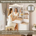 Coiffeuse de Maquillage Okak avec 2 Multiprises USB, Table de Maquillage avec Miroir Triple Pliant, Grande Table Coiffeuse de Rangement pour la Maison, Blanc