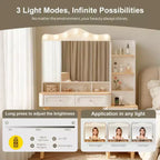 Coiffeuse de Maquillage Okak avec 2 Multiprises USB, Table de Maquillage avec Miroir Triple Pliant, Grande Table Coiffeuse de Rangement pour la Maison, Blanc