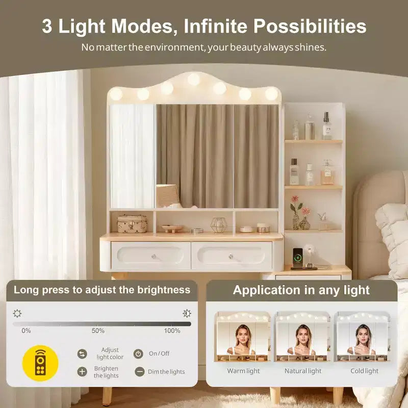 Coiffeuse de Maquillage Okak avec 2 Multiprises USB, Table de Maquillage avec Miroir Triple Pliant, Grande Table Coiffeuse de Rangement pour la Maison, Blanc