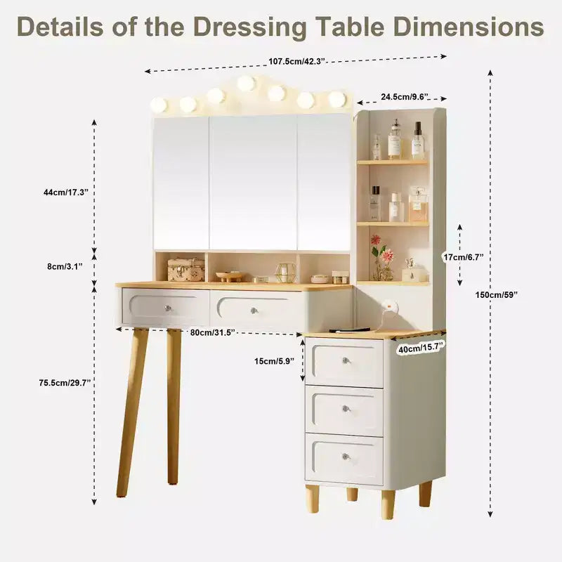 Coiffeuse de Maquillage Okak avec 2 Multiprises USB, Table de Maquillage avec Miroir Triple Pliant, Grande Table Coiffeuse de Rangement pour la Maison, Blanc