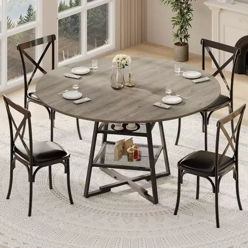 Table à manger ronde 42 pouces pour 4 à 6 personnes, table de cuisine ronde avec base en métal, table à manger ronde en bois, tables de cuisine en bois avec étagère de rangement