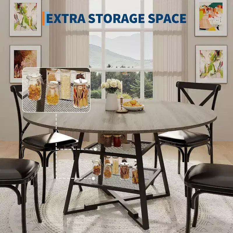 Table à manger ronde 42 pouces pour 4 à 6 personnes, table de cuisine ronde avec base en métal, table à manger ronde en bois, tables de cuisine en bois avec étagère de rangement