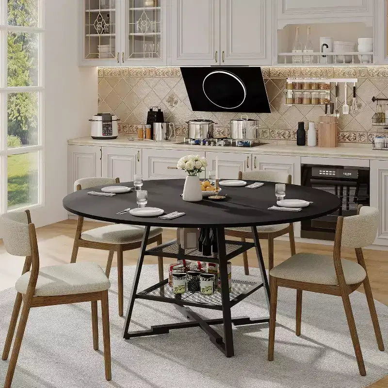 Table à manger ronde 42 pouces pour 4 à 6 personnes, table de cuisine ronde avec base en métal, table à manger ronde en bois, tables de cuisine en bois avec étagère de rangement