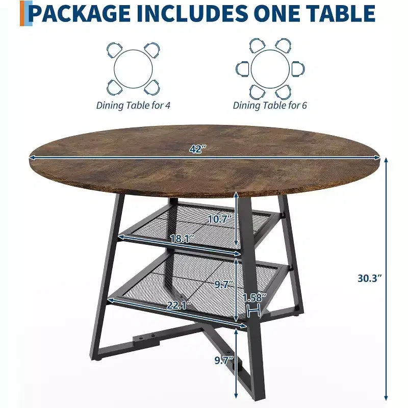 Table à manger ronde 42 pouces pour 4 à 6 personnes, table de cuisine ronde avec base en métal, table à manger ronde en bois, tables de cuisine en bois avec étagère de rangement