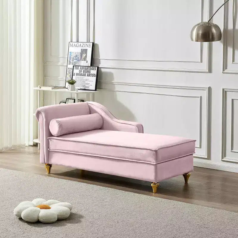 MAYEERTY Canapé méridienne en velours avec pieds en métal doré et oreiller rond pour salon rose