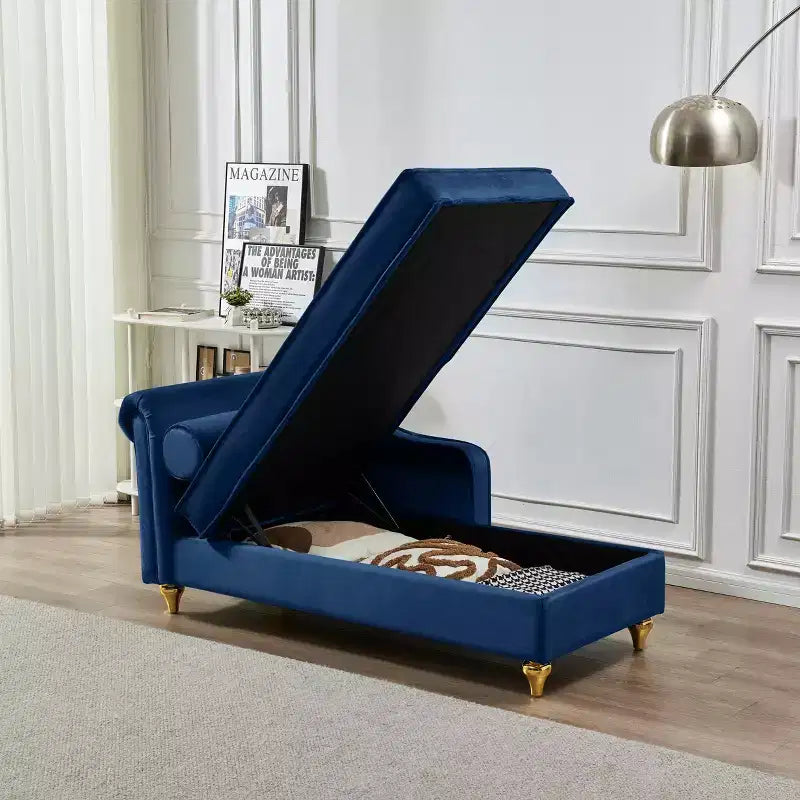 MAYEERTY Chaise longue en velours avec pieds en métal doré et coussin rond pour salon, bleu