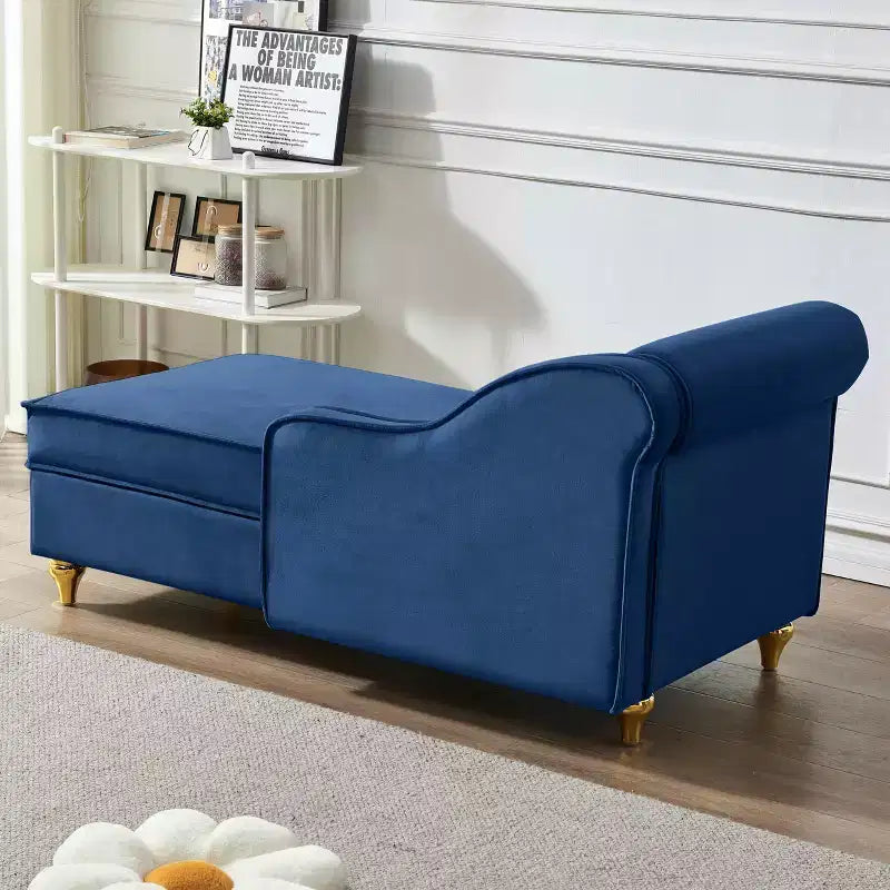 MAYEERTY Chaise longue en velours avec pieds en métal doré et coussin rond pour salon, bleu