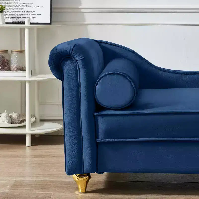 MAYEERTY Chaise longue en velours avec pieds en métal doré et coussin rond pour salon, bleu