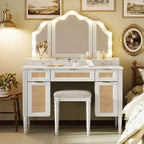 Okak Vanity Desk with 3 Modes Tri-Fold Mirror and Charging Station, Makeup Vanity with Cushioned Stool, Dressing Table for Bedroom, White