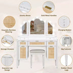 Okak Coiffeuse avec Miroir Triple et 3 Modes d'Éclairage, Station de Recharge, Tabouret Rembourré, Table de Maquillage pour Chambre, Blanc