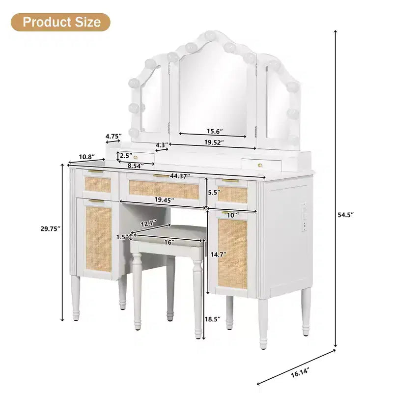 Okak Coiffeuse avec Miroir Triple et 3 Modes d'Éclairage, Station de Recharge, Tabouret Rembourré, Table de Maquillage pour Chambre, Blanc