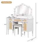 Okak Coiffeuse avec Miroir Triple et 3 Modes d'Éclairage, Station de Recharge, Tabouret Rembourré, Table de Maquillage pour Chambre, Blanc
