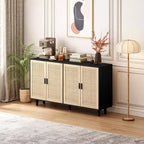 JVNOXK 62.20 pouces Armoire de rangement décorative en rotin à quatre portes élégante et pratique, adaptée aux chambres et salons, noire