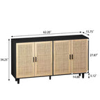 JVNOXK 62.20 pouces Armoire de rangement décorative en rotin à quatre portes élégante et pratique, adaptée aux chambres et salons, noire
