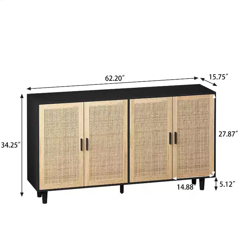 JVNOXK 62.20 pouces Armoire de rangement décorative en rotin à quatre portes élégante et pratique, adaptée aux chambres et salons, noire