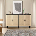 JVNOXK 62.20 pouces Armoire de rangement décorative en rotin à quatre portes élégante et pratique, adaptée aux chambres et salons, noire