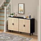 JVNOXK 62.20 pouces Armoire de rangement décorative en rotin à quatre portes élégante et pratique, adaptée aux chambres et salons, noire