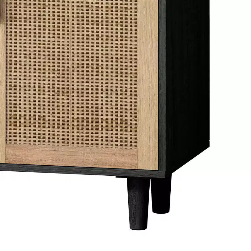 JVNOXK 62.20 pouces Armoire de rangement décorative en rotin à quatre portes élégante et pratique, adaptée aux chambres et salons, noire