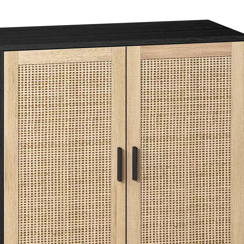 JVNOXK 62.20 pouces Armoire de rangement décorative en rotin à quatre portes élégante et pratique, adaptée aux chambres et salons, noire