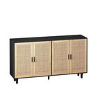 JVNOXK 62.20 pouces Armoire de rangement décorative en rotin à quatre portes élégante et pratique, adaptée aux chambres et salons, noire