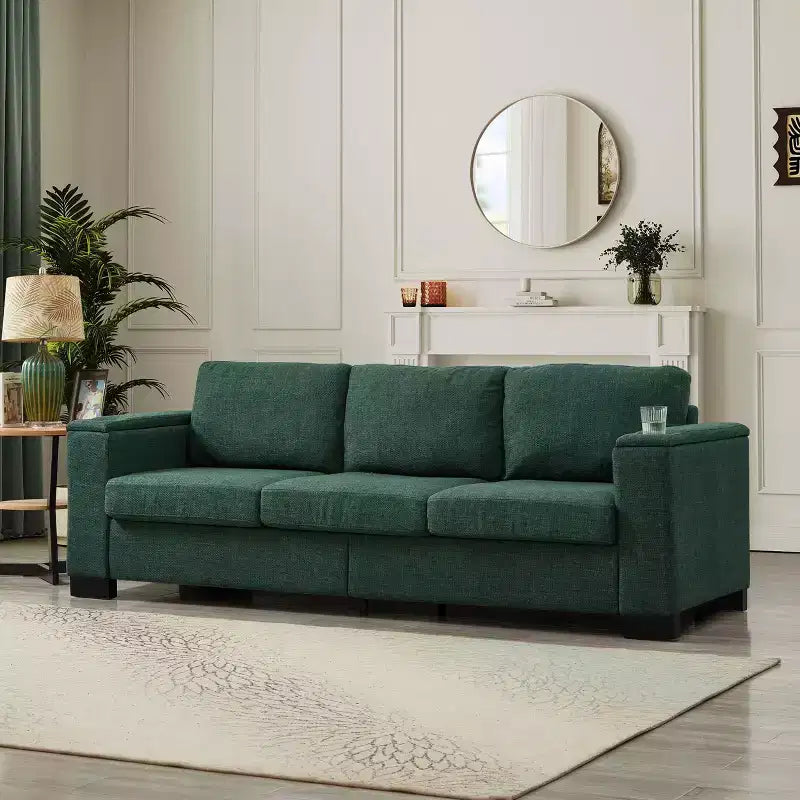 Canapé de salon MAYEERTY 93.7 de style moderne en tissu, avec accoudoirs carrés et porte-gobelet, en polyester rembourré, vert