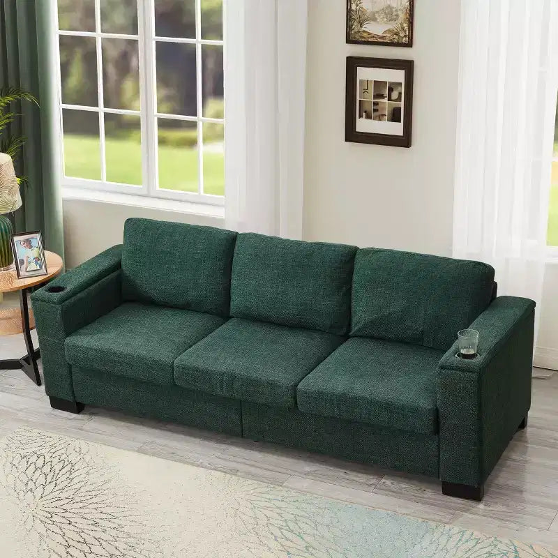 Canapé de salon MAYEERTY 93.7 de style moderne en tissu, avec accoudoirs carrés et porte-gobelet, en polyester rembourré, vert