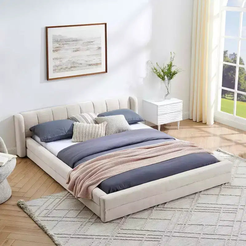 MAYEERTY Cadre de lit Queen Size rembourré avec tête de lit en tissu épais Structure solide pour Chambre Beige