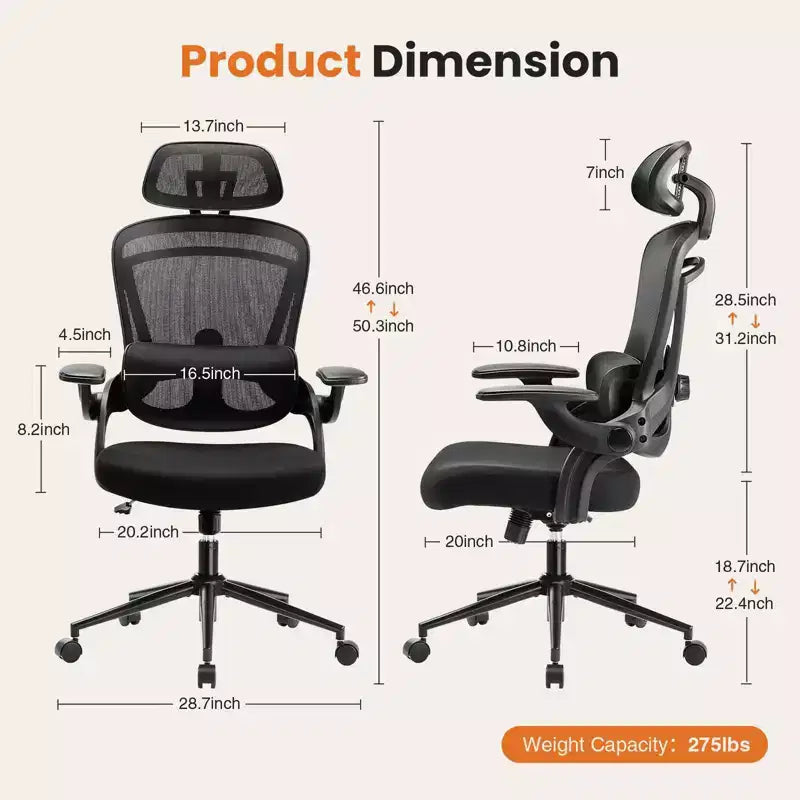 Chaise de bureau ergonomique à dossier haut TUYOHW avec support lombaire réglable, chaise de jeu avec accoudoirs relevables, chaise d'ordinateur en maille pour la maison, le bureau