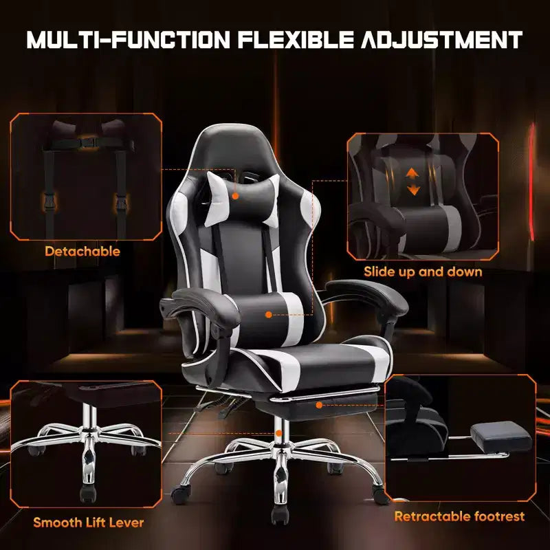 Chaise de jeu ergonomique TUYOHW avec repose-pieds, fauteuil inclinable en cuir PU avec appuie-tête et accoudoir fixe, chaise d'ordinateur pour le bureau et l'étude