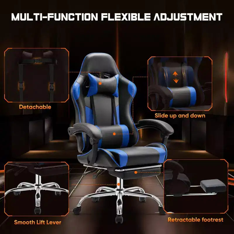 Chaise de jeu ergonomique TUYOHW avec repose-pieds, fauteuil inclinable en cuir PU avec appuie-tête et accoudoir fixe, chaise d'ordinateur pour le bureau et l'étude