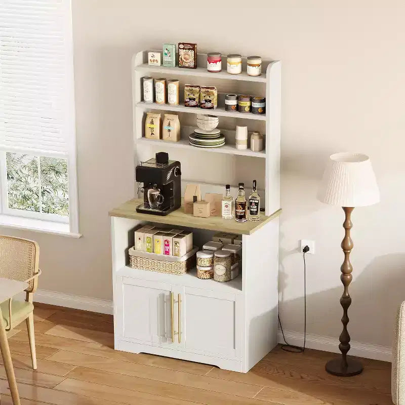 Étagère de boulangerie de ferme avec étagère réglable, support de micro-ondes avec armoire de rangement - Vaisselier de cuisine, pour l'organisation du garde-manger, les épices, la vaisselle