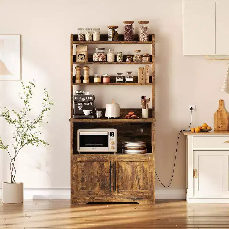 Étagère de boulangerie de ferme avec étagère réglable, support de micro-ondes avec armoire de rangement - Vaisselier de cuisine, pour l'organisation du garde-manger, les épices, la vaisselle