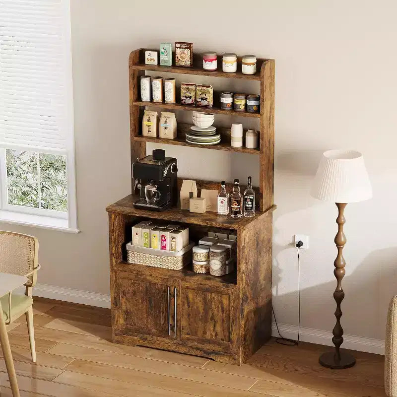 Étagère de boulangerie de ferme avec étagère réglable, support de micro-ondes avec armoire de rangement - Vaisselier de cuisine, pour l'organisation du garde-manger, les épices, la vaisselle