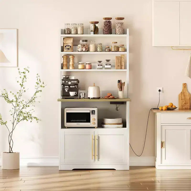 Étagère de boulangerie de ferme avec étagère réglable, support de micro-ondes avec armoire de rangement - Vaisselier de cuisine, pour l'organisation du garde-manger, les épices, la vaisselle