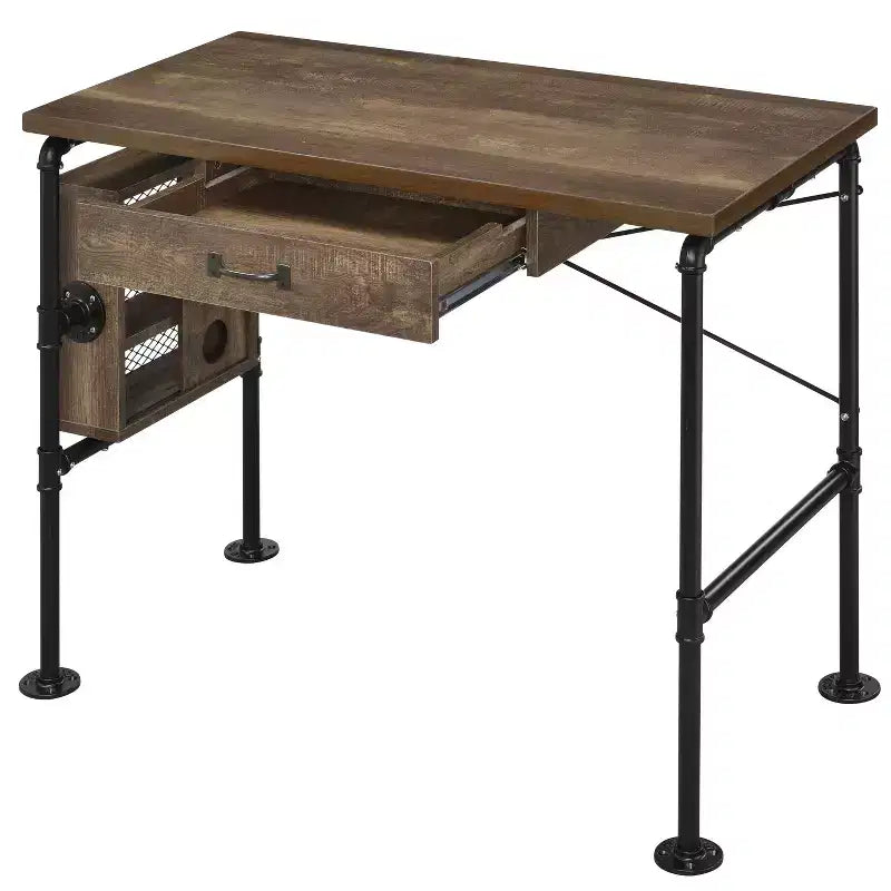 TUYOHW 39.5 Bureau rectangulaire, Bureau d'étude en chêne vieilli avec 3 étagères ouvertes, 1 tiroir, pieds en métal noir, Bureau d'ordinateur moderne pour bureau, maison