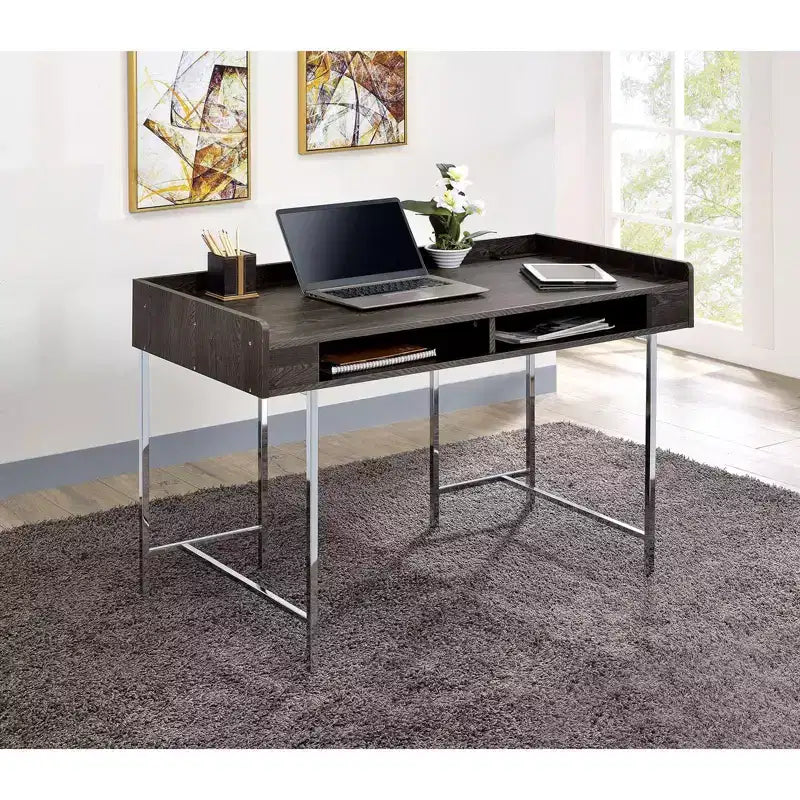 TUYOHW 47 Bureau Informatique,Bureau d'étude avec tiroir de rangement,Port USB,Prise de courant,Plateau en bois marron,Pieds en acier argenté,Bureau d'écriture pour bureau,étude