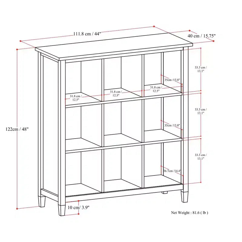 Meuble de rangement 9 cases en bois massif Norfolk, style transitoire, 48 po x 44 po, brun doré clair