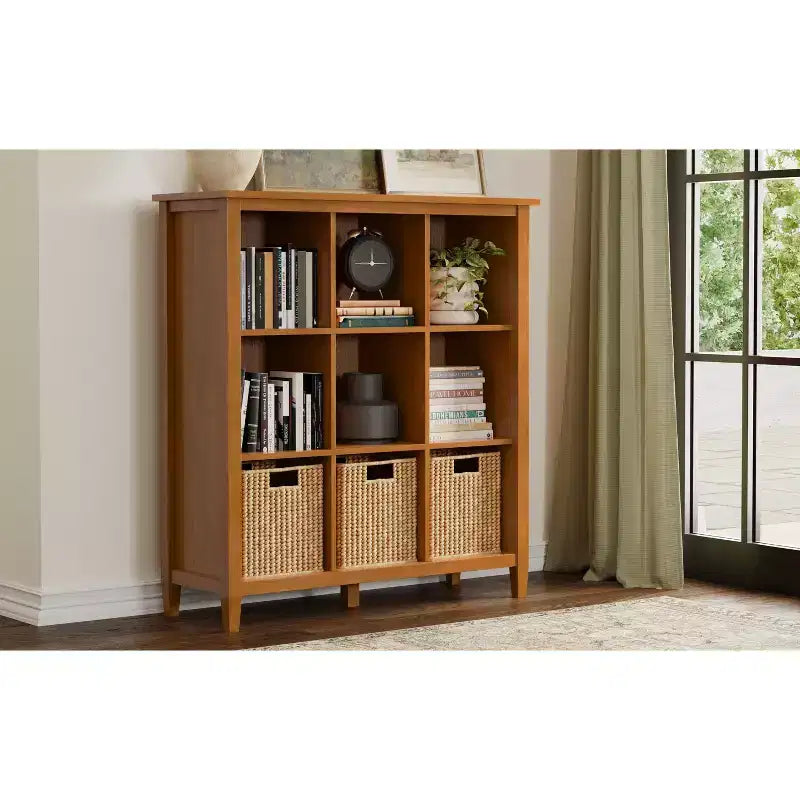 Meuble de rangement 9 cases en bois massif Norfolk, style transitoire, 48 po x 44 po, brun doré clair
