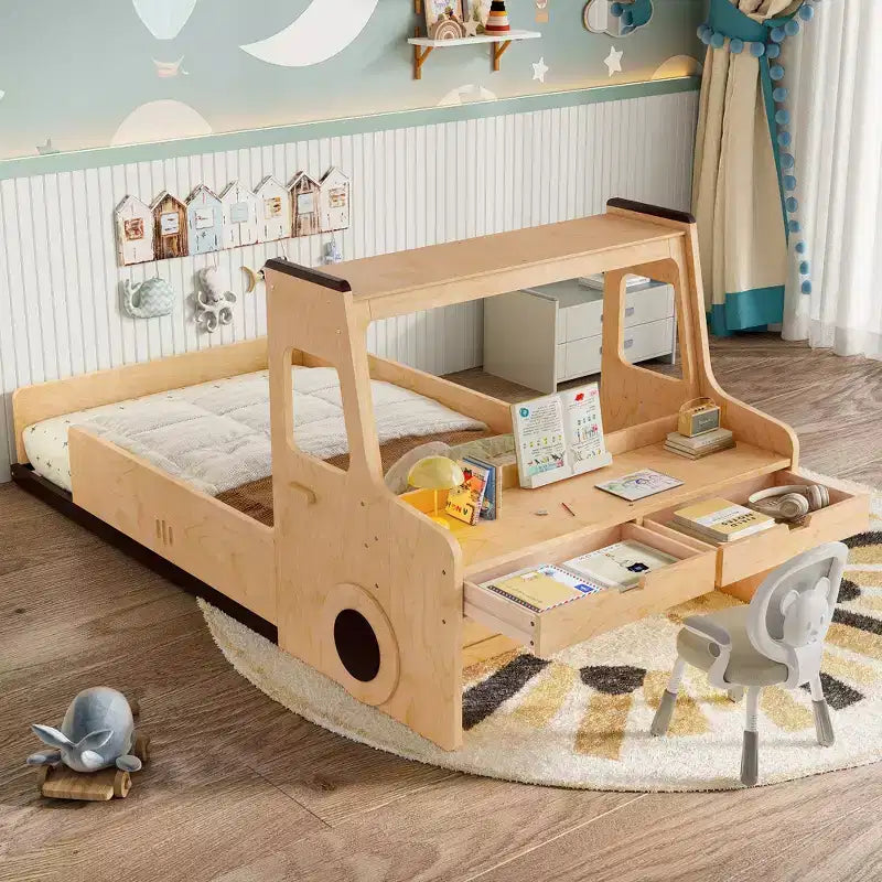 Lit de voiture pour enfants GDFStudio Pei Modern avec tiroirs de rangement, fenêtre et bureau