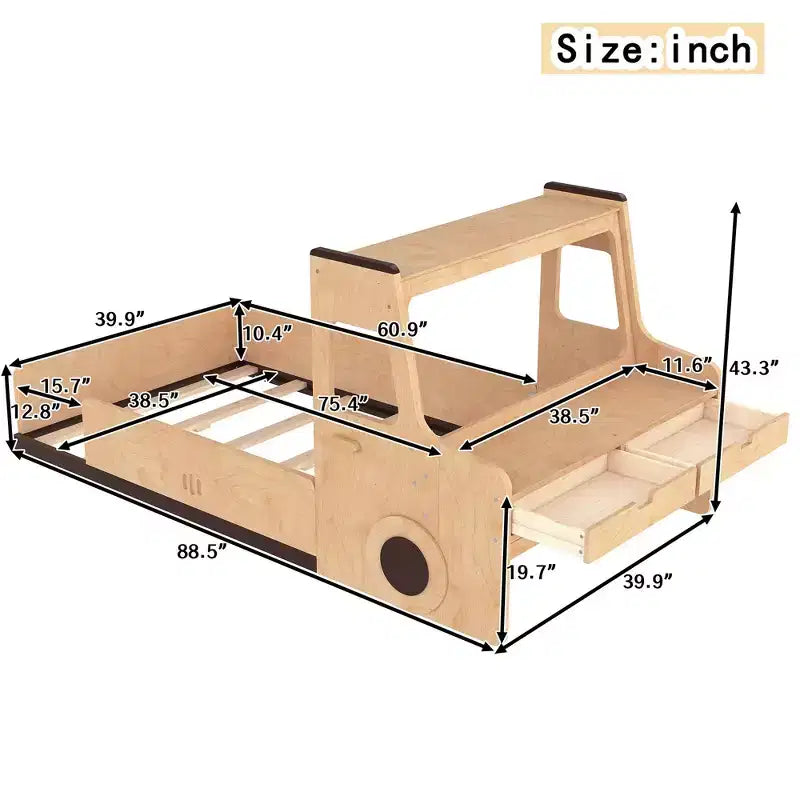 Lit de voiture pour enfants GDFStudio Pei Modern avec tiroirs de rangement, fenêtre et bureau