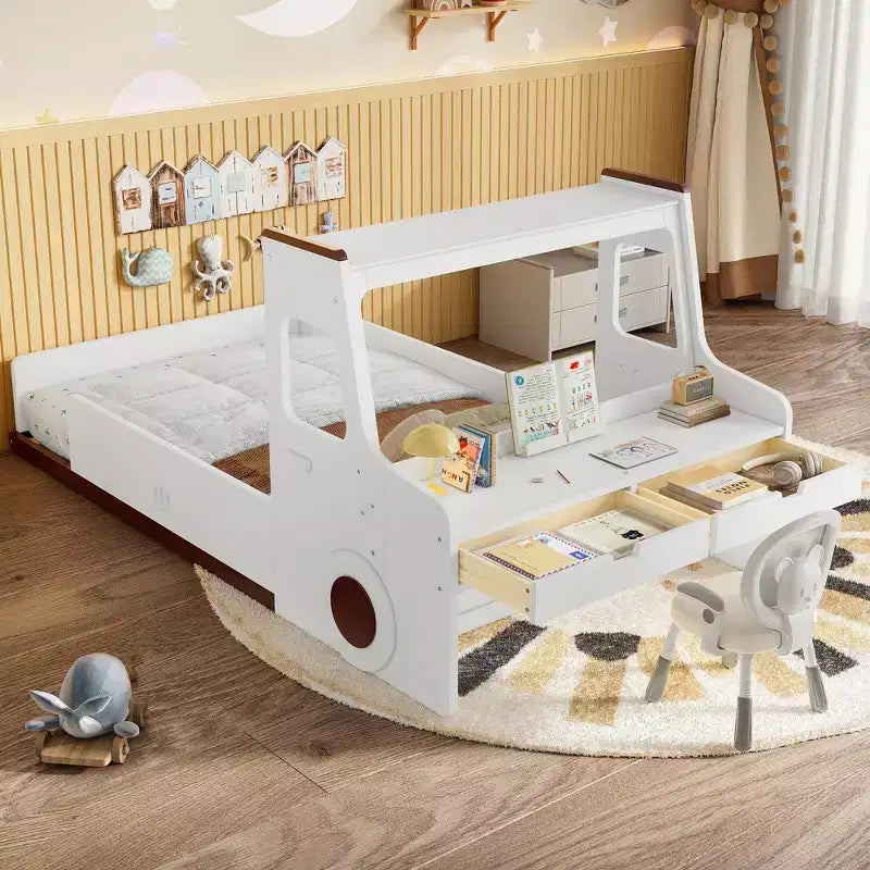Lit de voiture pour enfants GDFStudio Pei Modern avec tiroirs de rangement, fenêtre et bureau