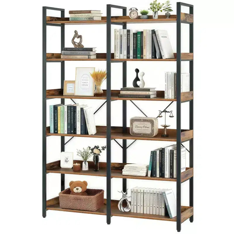 VIYET 69 6-Tier Industrial Bookshelf, Brown MDF+Metal Frame Open Shelf Bookcase (Freestanding Storage & Display for Home/Office)