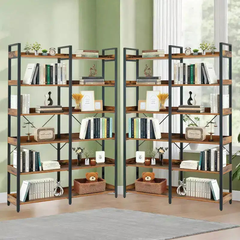 VIYET 69 Bibliothèque industrielle à 6 étagères, cadre en MDF marron et métal, étagère ouverte (rangement et présentation autonomes pour la maison/le bureau)