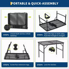 GustoWave Table de Grill Pliante 23,62 x 35,43 x 25,6, Table de Camping Portable, Réglable en Hauteur, pour Camping en Plein Air, Barbecue, Pique-nique, Noir